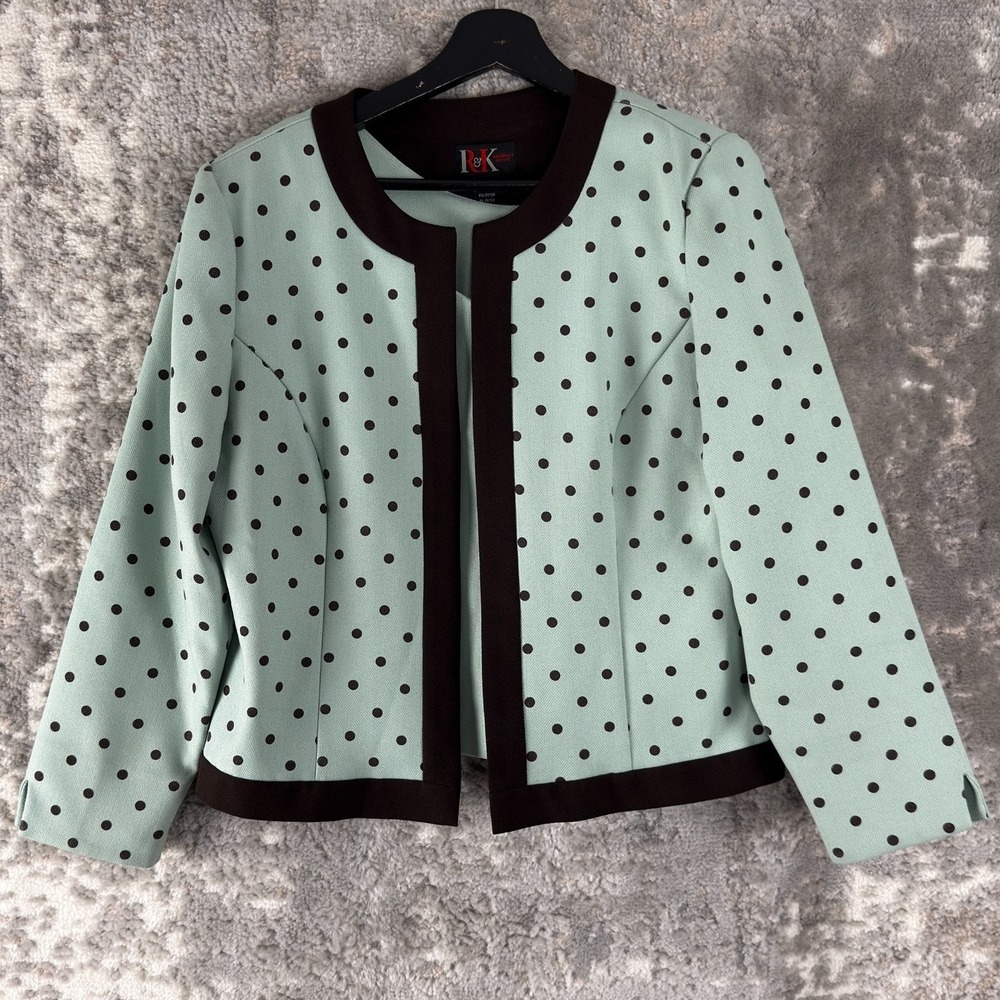 R&K Petite Size 12P Polka Dot Open‎ Front Blazer Jacket Green Top Set Career